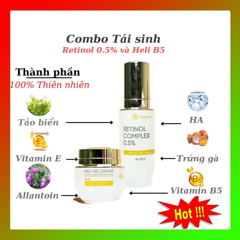 Combo tái sinh Huyền Phi bộ đôi Retinol Complex 0.5% và Kem phục hồi Heli B5 tái tạo da căng bóng trắng mướt chắc khỏe