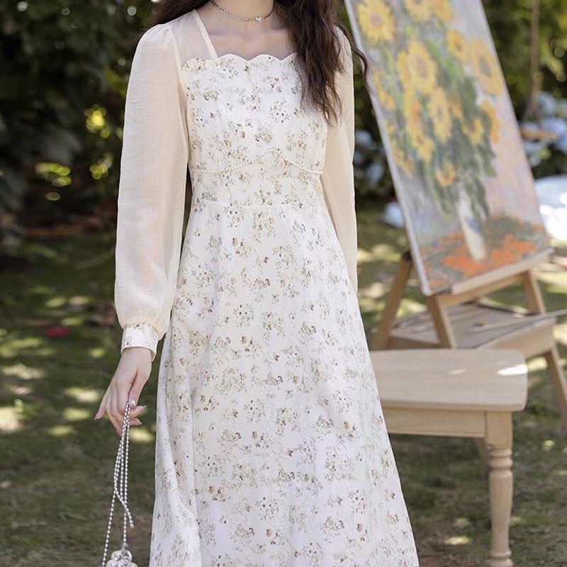 IELGY  Đầm Hoa Ghép Nối Phong Cách Pháp Cổ Điển Thời Trang Cho Nữ