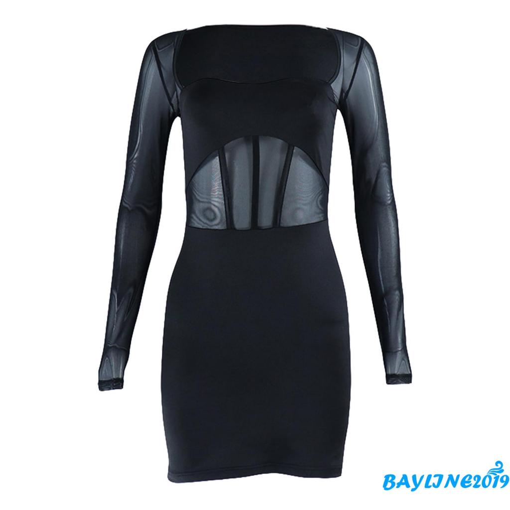 Đầm Ôm Dài Tay Cổ Vuông Phối Lưới Xuyên Thấu Màu Sắc Thời Trang Dành Cho Nữ