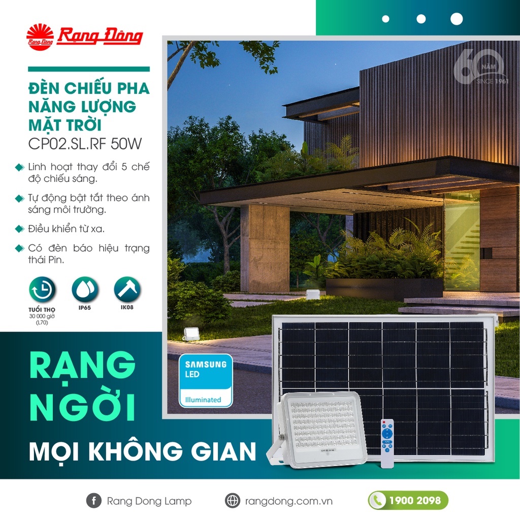 Đèn Chiếu pha Năng lượng mặt trời 50W Rạng Đông siêu sáng CP02.SL.RF 50W