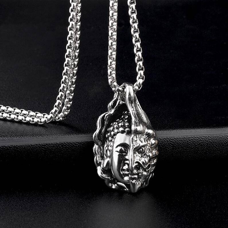 Dây Chuyền Thép Titan Mặt Hình Nửa Mặt Phật Phong Cách Hip Hop Cổ Điển Cho Nam