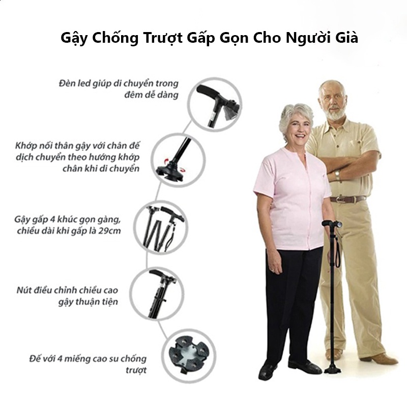 Gậy Chống Cho Người Già, Gậy Chống Trượt Kết Hợp Đèn Pin
