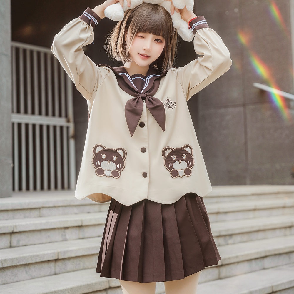 Seifuku/ Set váy đồng phục học sinh Nhật Bản gấu dễ thương: áo cổ thủy thủ + nơ đuôi cá + chân váy xòe xếp ly