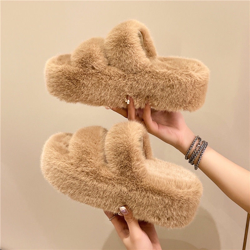 Dép Bông Quai Ngang - Quai Chéo Phủ Lông Dày Đế Cao 5cm Dễ Thương, Thời Trang Mùa Thu Đông Cho Nữ
