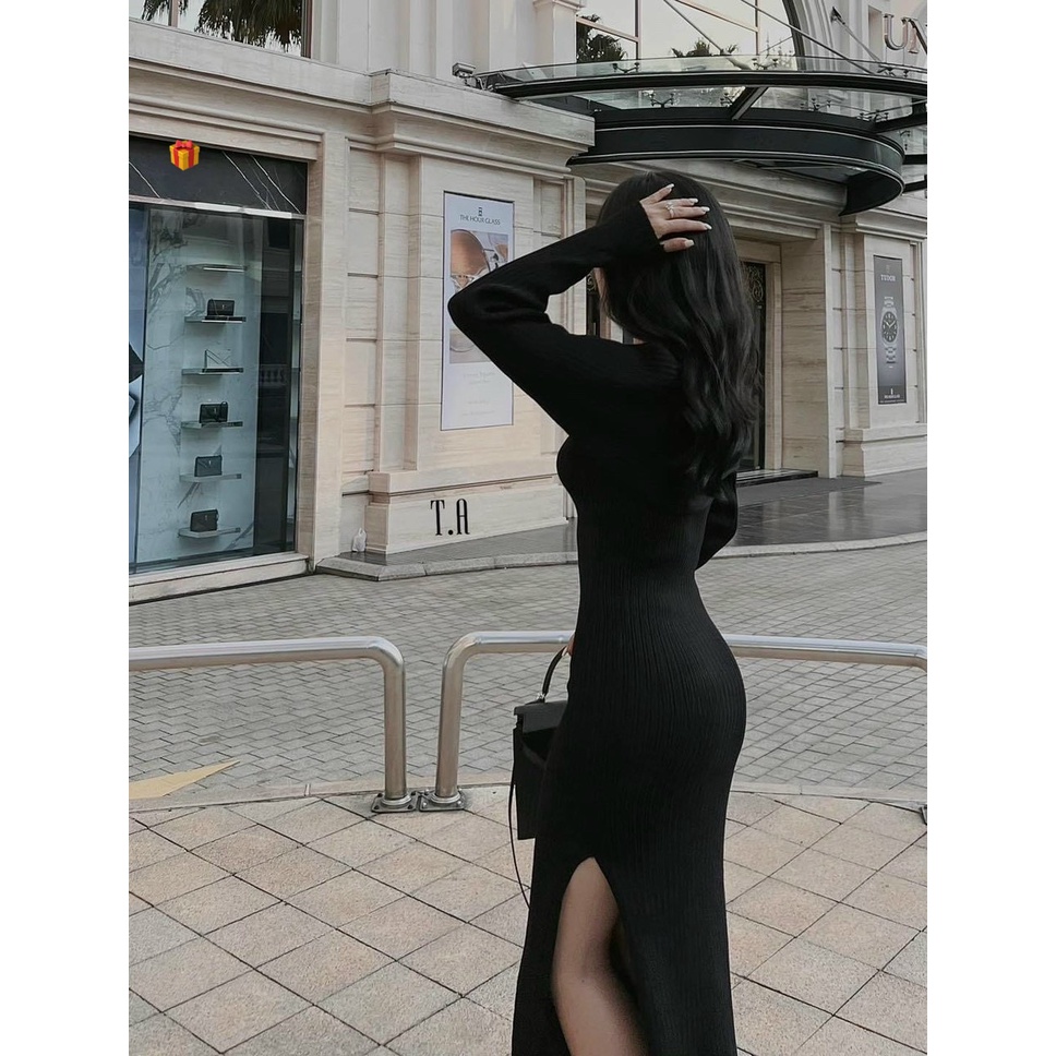 Sét đầm sát nách trơn ôm body xẻ tà phối áo khoác tay dài cực xinh , chất thun gân mềm mát