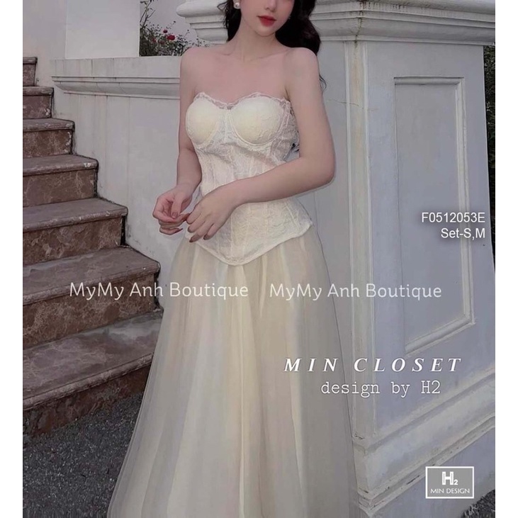 Set áo ống ren hoa viền bèo kèm Váy lưới dài có lót TT0512