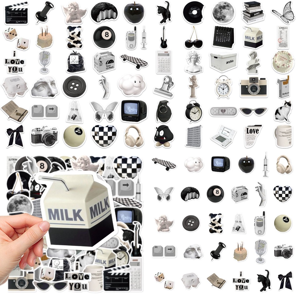 Bộ 61 Miếng Dán Trang Trí Laptop / Va Li / Điện Thoại Chống Thấm Nước Màu Trắng Đen DIY