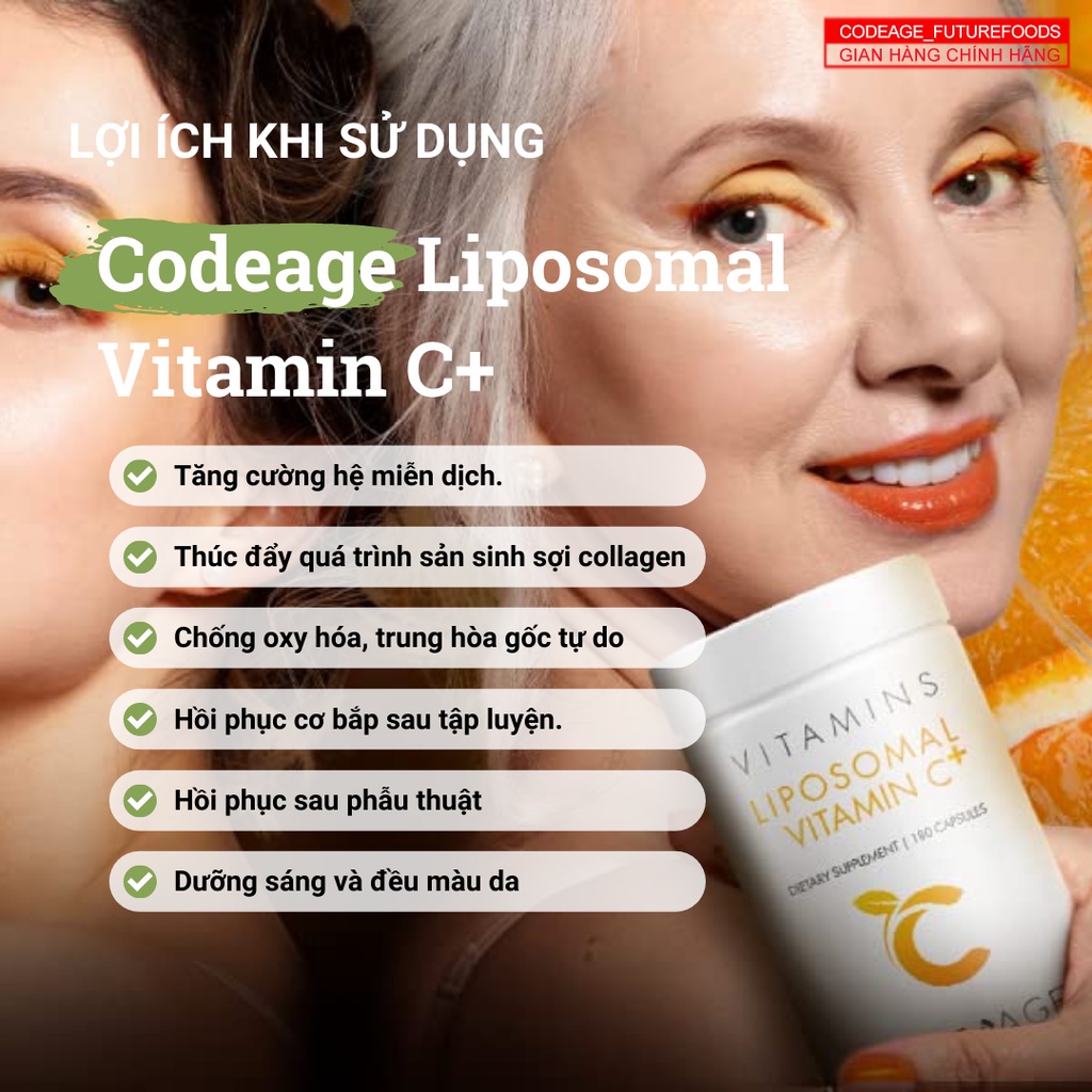 Viên Uống Vitamin C Tăng Cường Miễn Dịch Codeage Liposomal Vitamin C 180 Viên Dưỡng Sáng Da, Mờ Thâm