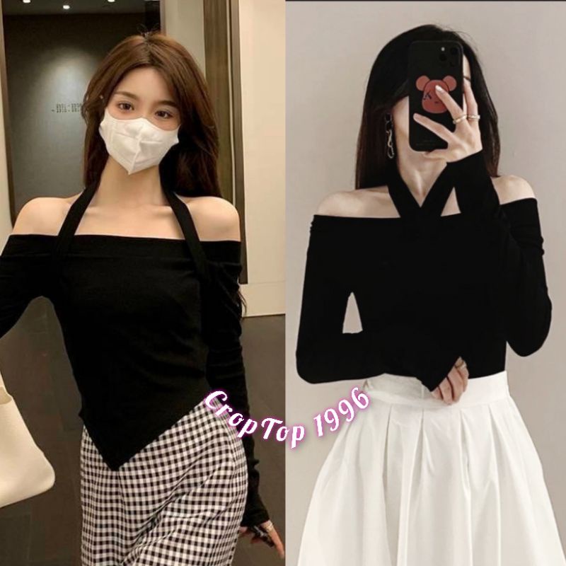 Áo dài tay chất LEN TĂM cổ dây yếm - Áo kiểu nữ BIG SIZE M dưới 63kg CRT03