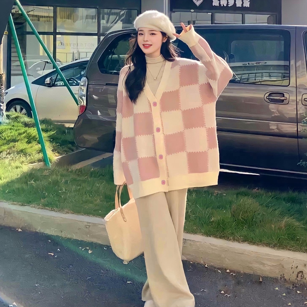 Áo Khoác Cardigan Nỉ Caro Hồng Ulzzang, Áo Cadigan Nỉ Hồng Dễ Thương