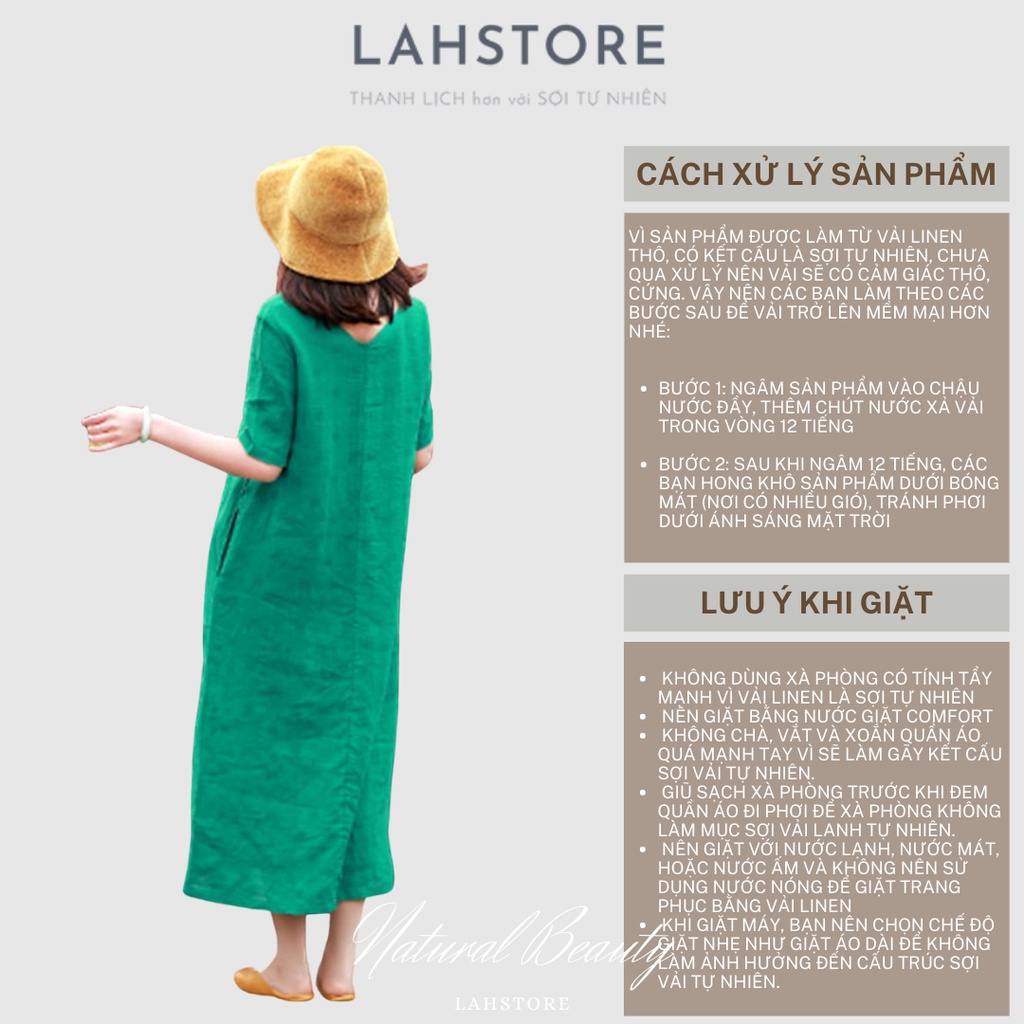 Đầm suông linen giấu bụng LAHSTORE tay lỡ, 2 cổ tim