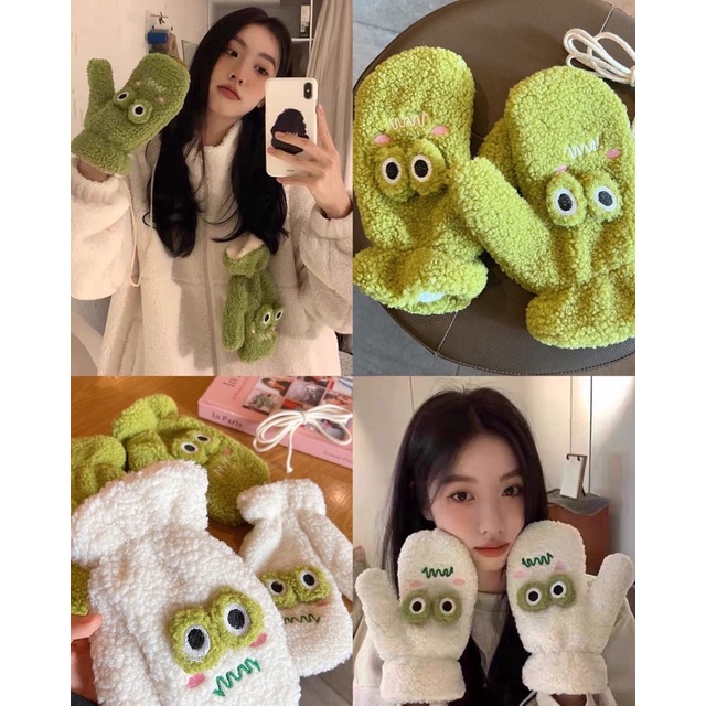 Găng tay Bông nữ hình  gấu dễ thương xinh xắn lông cừu dày dặn giá rẻ mẫu mới có dây