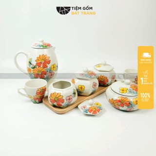  Bộ Ấm Chén Trà Bộ Bình Uống Nước Họa Tiết Vẽ Tay 1200ml Gốm Sứ Bát Tràng Cao Cấp 