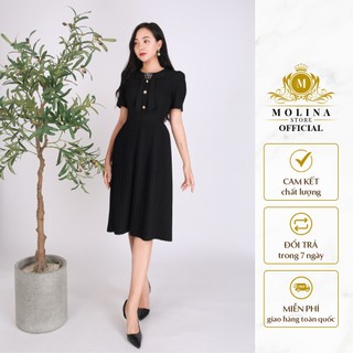 Đầm Nữ Xếp Ly Hoa Trà Thiết Kế Molina Hai Lớp Chất Tuyết Mưa Dày Dặn Tôn Dáng, Phong Cách Thanh Lịch Sang Trọng