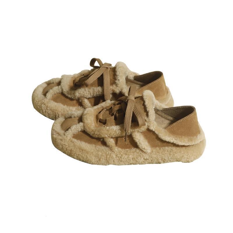 Giày thường ngày cotton tuyết mẫu mới năm 2022 giày lông cừu nữ giày hạt đậu giữ ấm lót nhung ghép nối dễ phối ren