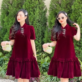 Váy nhung Bona đỏ tặng kèm 3 tag nơ đá cao cấp đuôi cá tiểu thư