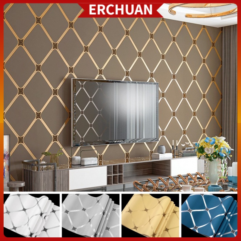 Giấy Dán Tường Họa Tiết Hình Học 3D 10M Màu Nâu / Xanh Dương Xám Trang Trí Nhà Cửa