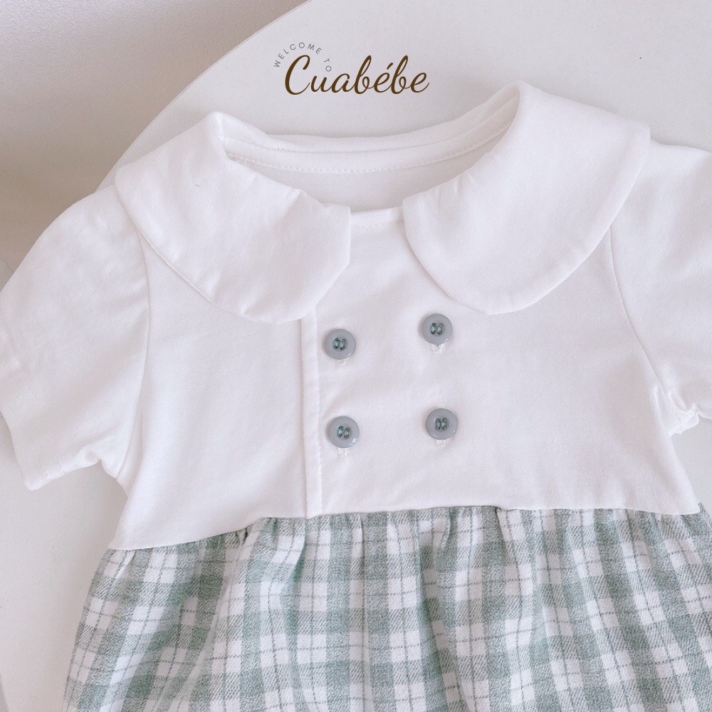 Bộ Body Chip ngắn tay cho bé đi dự tiệc, áo liền quần Ngắn Tay Cho Bé Trai thiết kế sơ mi trắng quần kẻ công tử Cuabebe