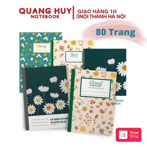 Combo 5 tập vở học sinh Quang Huy mẫu Hoa 80 trang, vở viết kẻ ngang b5 ghi chép, sổ tay dòng kẻ cấp 2, sinh viên