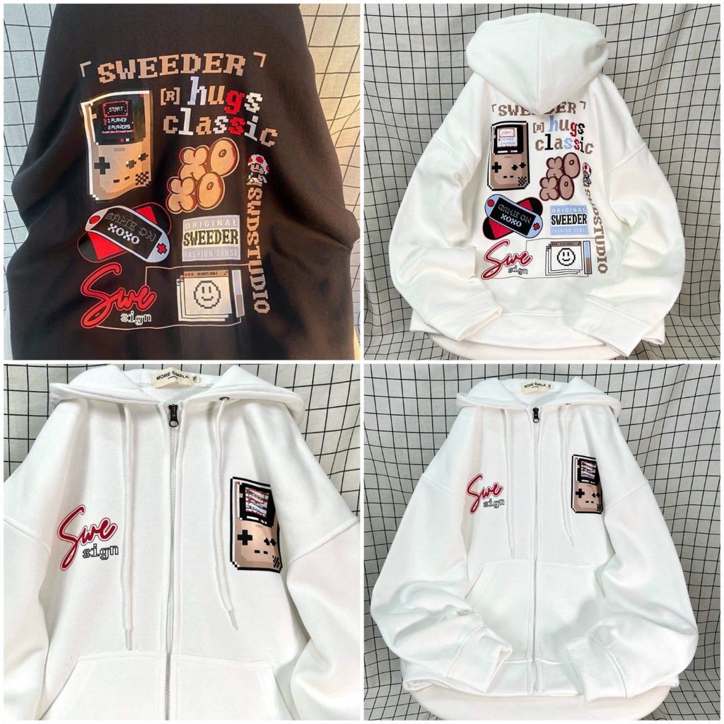 Áo Khoác Nỉ chữ SWE XO Có Nón 2 Lớp Kiểu Rộng Unisex - Hoodie Khóa Kéo Zip Cặp Đôi Nam Nữ Thu Đông