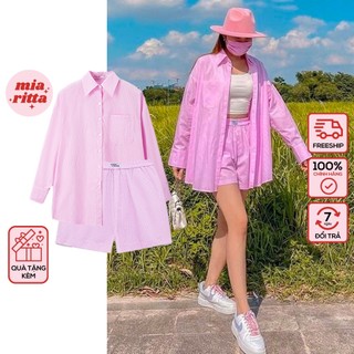 Set sơ mi và shorts kẻ hồng phong cách pyjama Mia Striped Shirt & Boxer Short Mia Ritta A2059P Q381P mặc đi biển