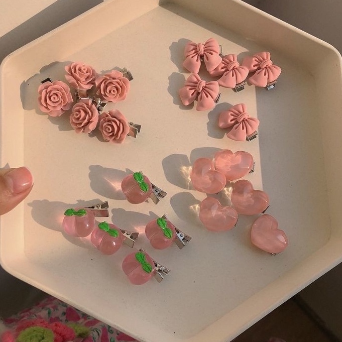 Set 5 kẹp mini hình nơ trái tim quả đào hoa hồng xinh xắn thời trang nữ