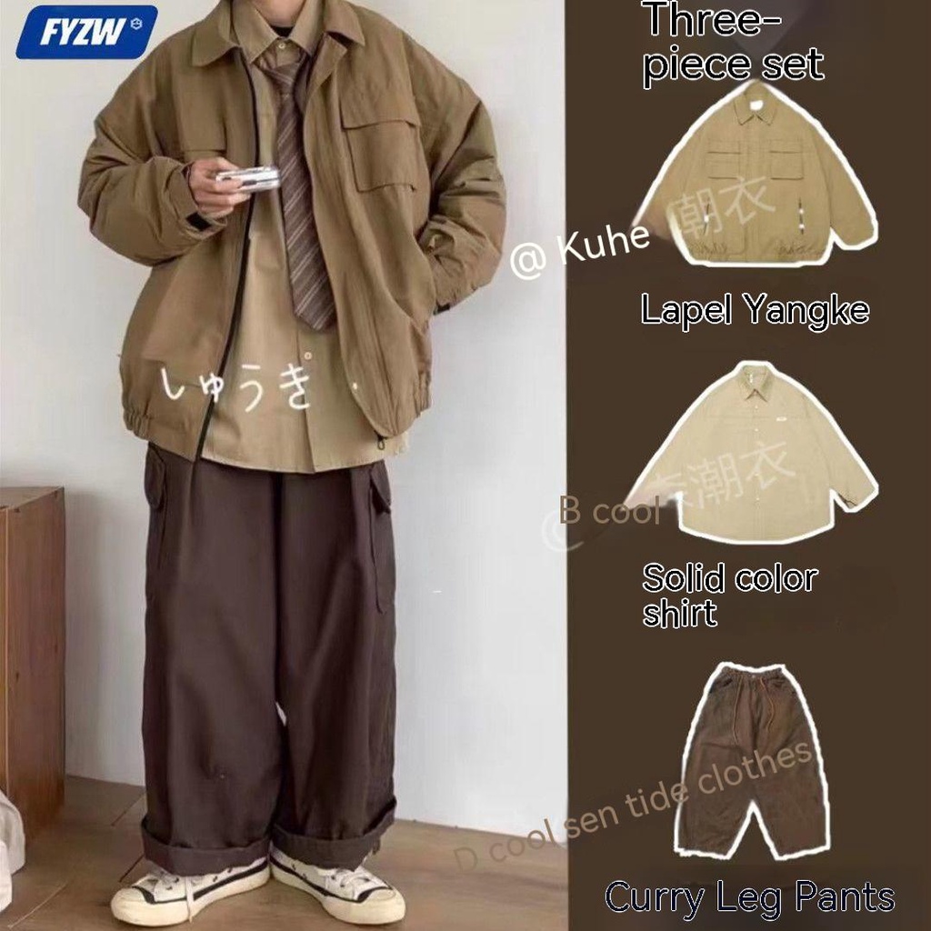 【luckin men's】bộ đồ，áo nam đẹp，áo khoác nam，áo đông，áo sơ mi tay dài，quần nam，quần âu nam，Quần ống rộng，quần ống suông，quần bigsize，Bộ Áo Khoác Sơ Mi Tay Dài + Áo Khoác + Quần Dài Phong Cách Retro Nhật Bản Thời Trang Thu Đông Cho Nam Và