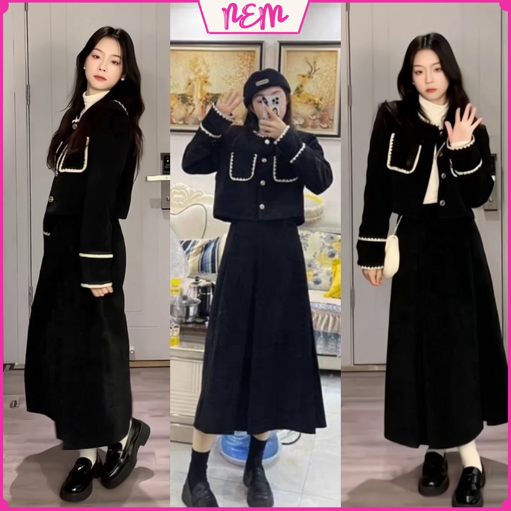 Set áo váy - Bộ váy nhung ren áo tay dài mix chân váy xếp ly NEM Store102