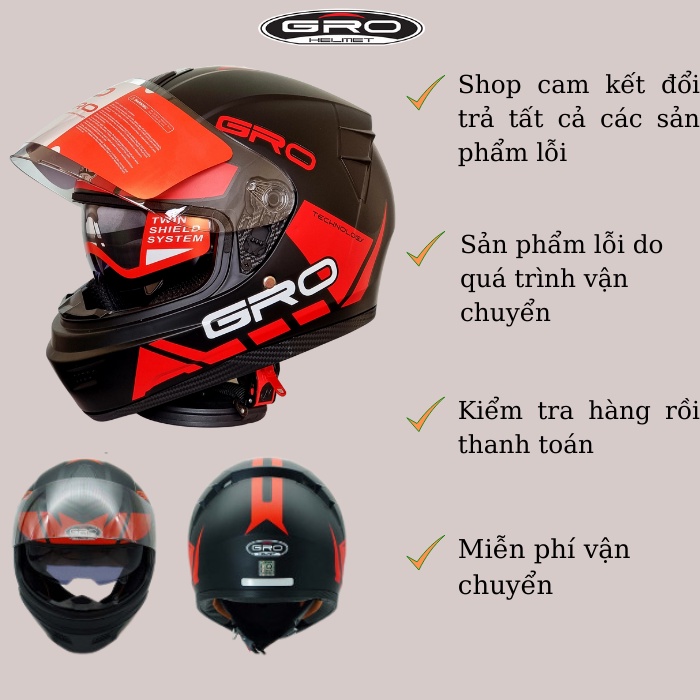 Mũ bảo hiểm Full Face ST26 chính hãng GRO HELMET, kiểu dáng thể thao 2 kính