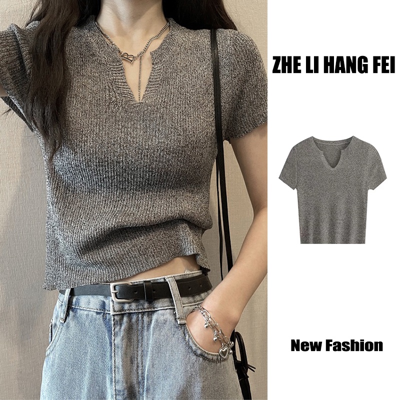 Áo dệt kim ZHELIHANGFEI ngắn tay cổ chữ V dáng ôm thời trang mùa xuân 2022 mới cho nữ