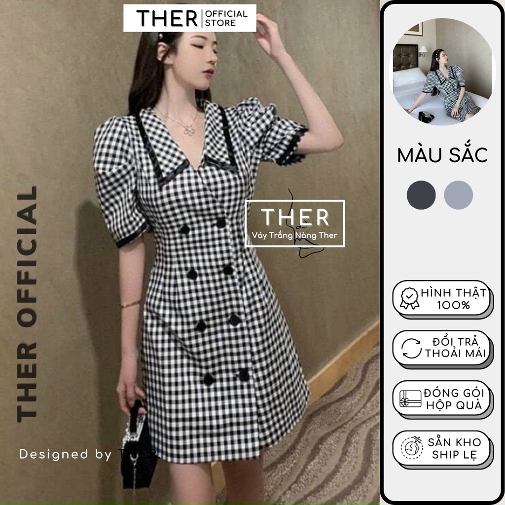 Đầm Nữ Cổ Lá Tay Ngắn Viền Đen Nút Dẹt Sành Điệu, Dầm Đi Du Lịch Fomr Ngắn Xoè Caro Đen