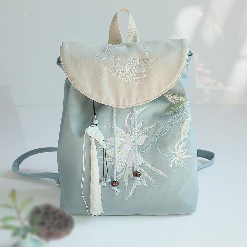 Ba Lô Canvas Dây Rút Thêu Họa Tiết Phong Cách Hanfu Trung Hoa Cổ Điển Hàng Mới Bán Chạy Dành Cho Bạn Nữ