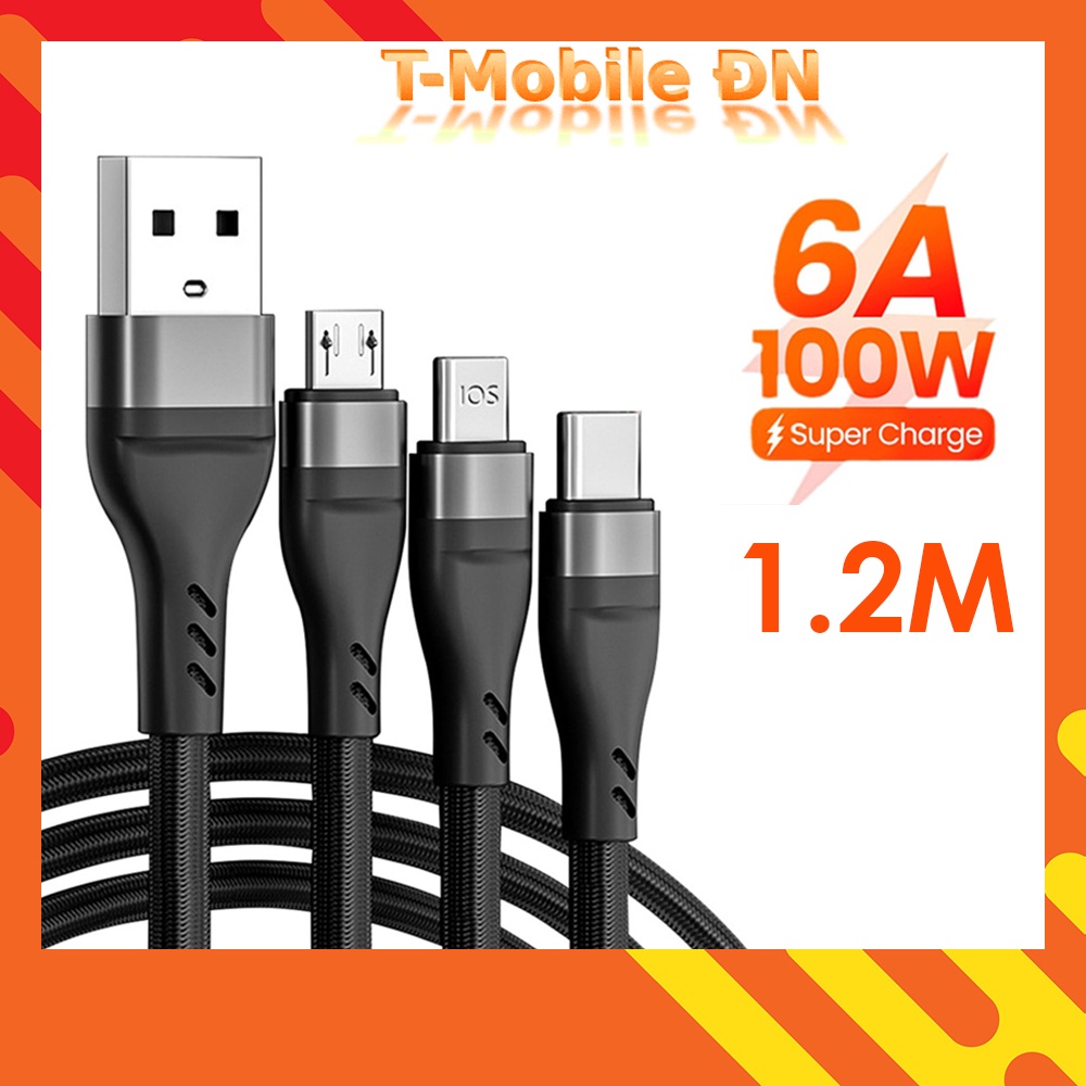Cáp sạc 3 đầu 66W 100W 6A 2.4A đa năng 3 trong 1 3in1 bọc dù