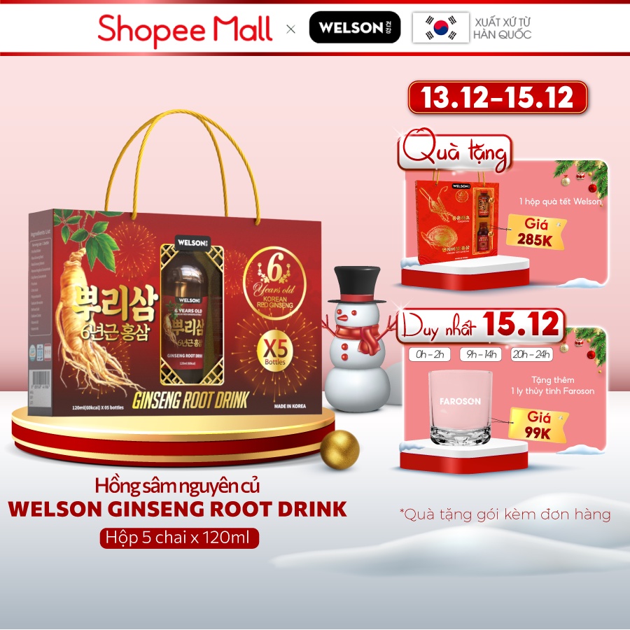 Hồng Sâm và Nhân Sâm Tươi Hàn Quốc Tăng Sức Đề Kháng Welson Ginseng Root Drink hộp 5 chai x 120ml