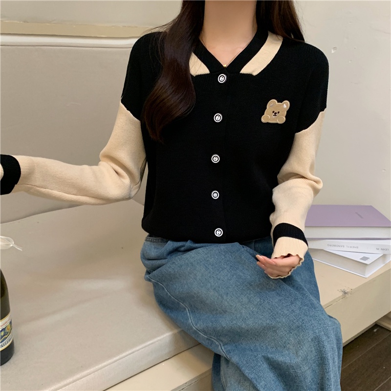 Áo Khoác cardigan Dệt Kim Màu Sắc Tương Phản Phong Cách Hàn Quốc