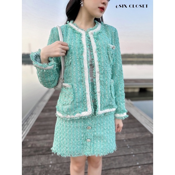 Chân váy JENIA dạ Tweed dáng A 6SIX Closet thời trang công sở, dịp lễ Giáng sinh (Xanh - Hồng)
