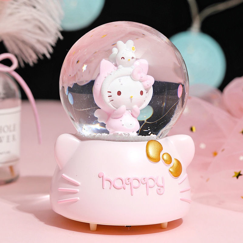 Hộp Nhạc Quả Cầu Pha Lê Hình Mèo Hello Kitty / Bông Tuyết Dễ Thương Dùng Trang Trí
