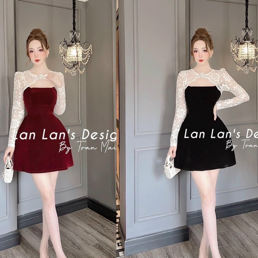 Set váy đi tiệc hoa nơ baby hoa nổi dây ngọc bánh bèo tiểu thư phối chéo nhung 2 màu sắc đỏ đen sang trọng