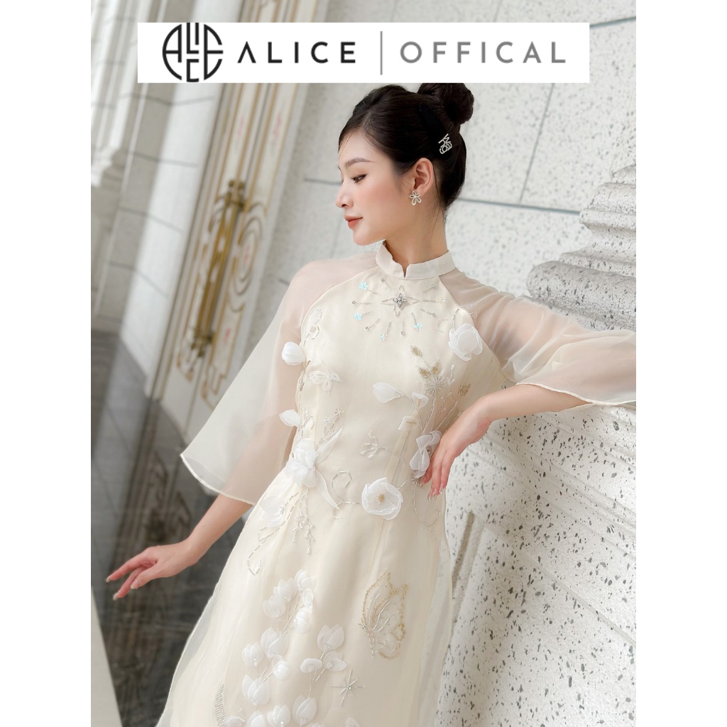 Set Áo Dài Cao Cấp Cổ Tàu Tay Lỡ ALICE Chất Tơ Nhũ Lót Lụa Đính Họa Tiết Nổi, Phù Hợp Ngày Tết AD247