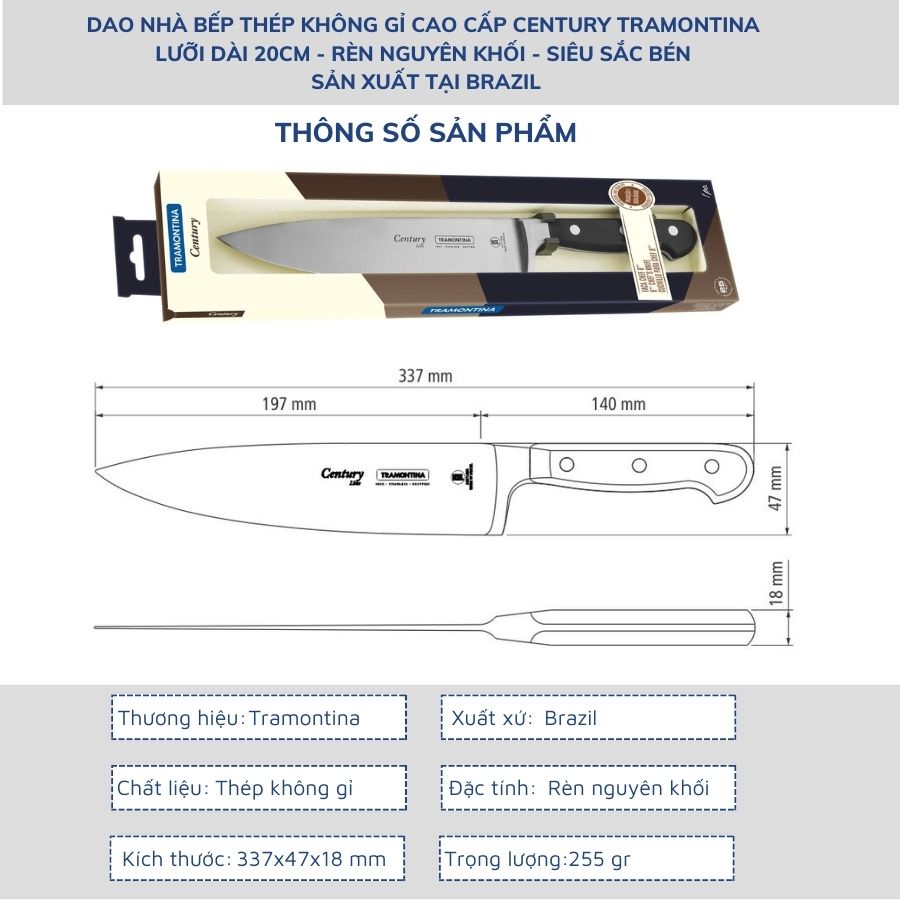 Dao Bếp Thái Thịt Tramontina Century 20cm Thép Rèn Nguyên Khối Cao Cấp Siêu Sắc Bén Sản Xuất Tại Brazil