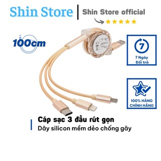 Cáp sạc 3 đầu dây rút, dây sạc 3 đầu rút gọn nhỏ gọn, tiện lợi độ dài 1m -shinstore