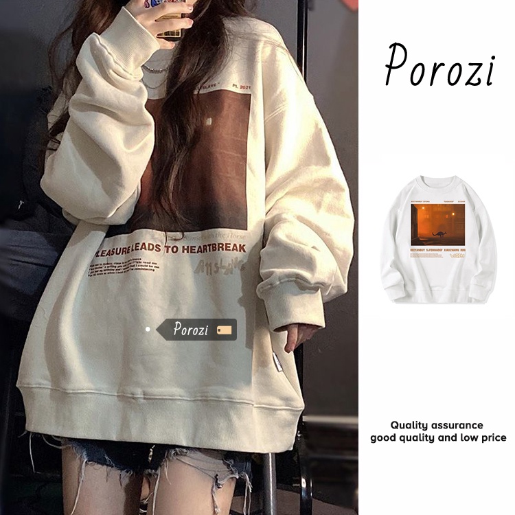 Porozi  Áo nỉ Áo len tay dài cổ tròn màu sắc đơn giản cho nữ