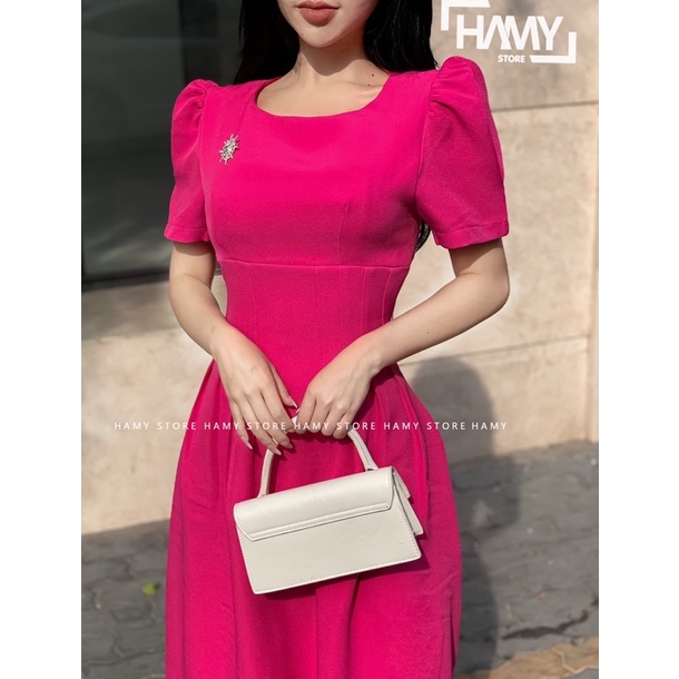 Đầm Cổ Tròn Tay Nhún Eo