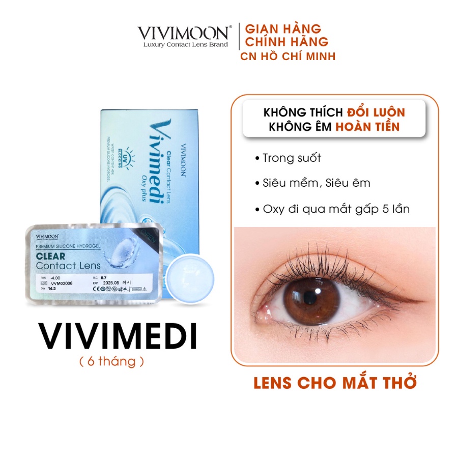 Lens cho mắt thở cận 6 tháng trong suốt Vivimedi Oxy Plus kính áp tròng VIVIMOON