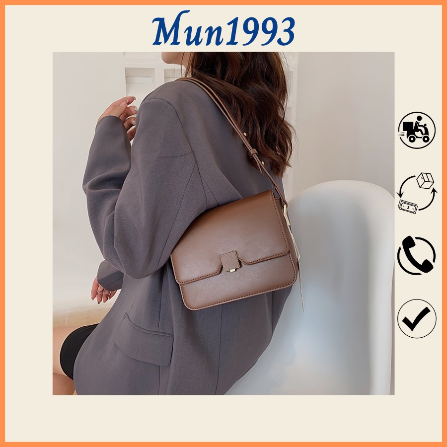 Túi kẹp nách 3 ngăn da trơn khóa gương, dây đeo tùy chỉnh Mun1993