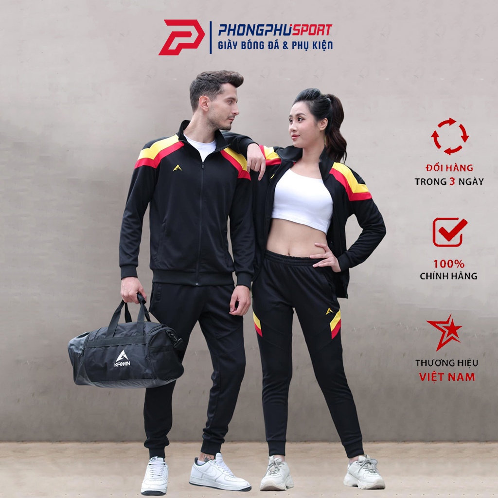 Bộ Quần Áo Khoác Thể Thao Nam Nữ Thu Đông Chính Hãng Kaiwin Chất Nỉ Cao Cấp Màu Đen