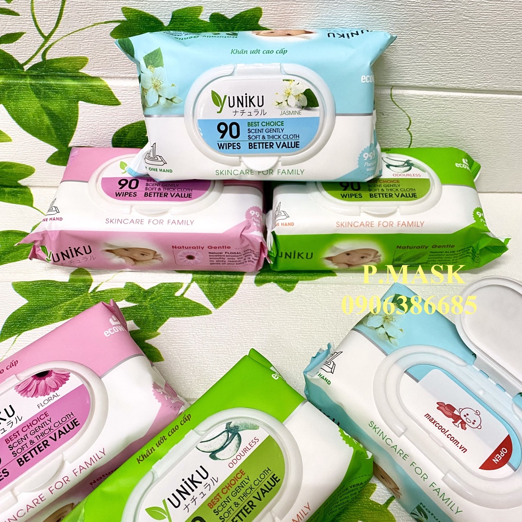KHĂN ƯỚT CHO BÉ 90 MIẾNG YUNIKU hương Lài / hương Phấn / không mùi hương - HÀNG CHÍNH HÃNG CAO CẤP chuyên dùng cho bé
