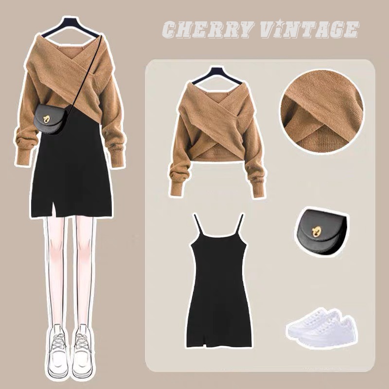 Set áo len đỏ trễ vai dày dặn phối cùng váy 2 dây xẻ đùi chất vải umi cao cấp phong cách vintage | cherry vintage