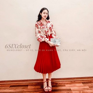SET ÁO HOA CỔ SƠ MI CHÂN VÁY MIDI HOA