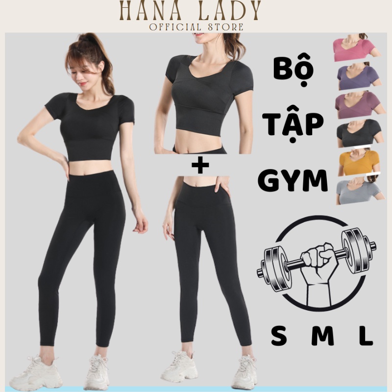 Set đồ tập gym, yoga nữ - áo bra thể thao croptop có tay, quần lưng cao, kèm mút nâng ngực tiền dụng BTG01